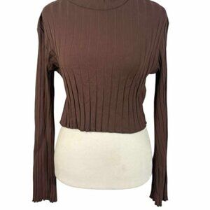 Women's Long Sleeves Crop Top, Brown, Size Large